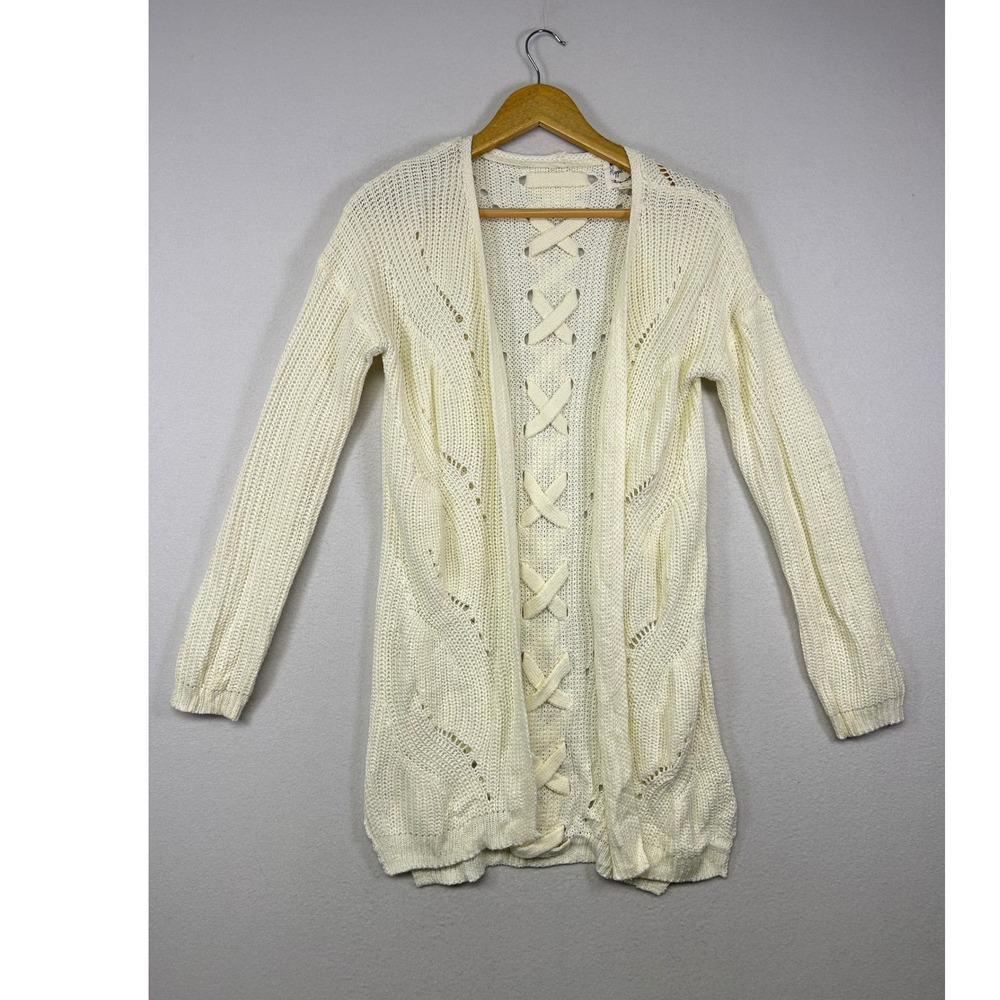 Festival Layering Rose S Cream Lattice Lace Up Back Pointelle Knit Cardigan‎